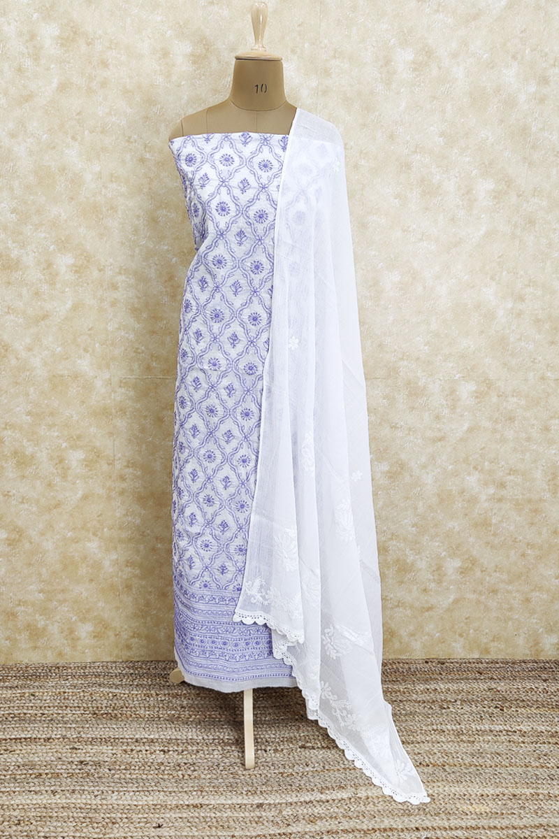 Blue Color Hand Embroidered Luckowi Chikankari Suit with Stitching Mulmul Dupatta(Cotton) MC251920